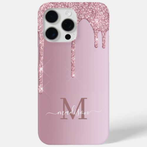 Luxe Rose Gold Pink Dripping Glitter Monogram iPhone 15 Pro Max Case