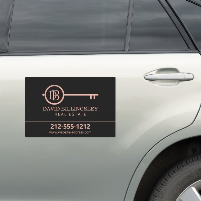 Luxe Rose Gold Skeleton Key Monogram Realtor Car Magnet (In Situ)
