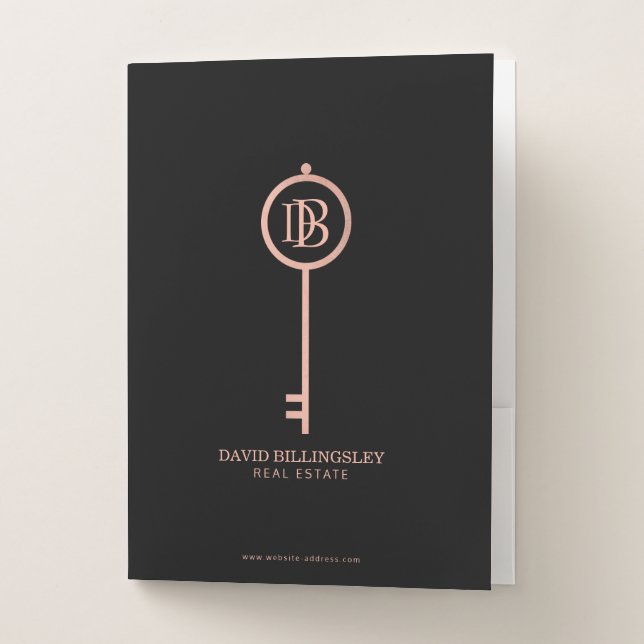 Luxe Rose Gold Skeleton Key Monogram Realtor Pocket Folder (Front)
