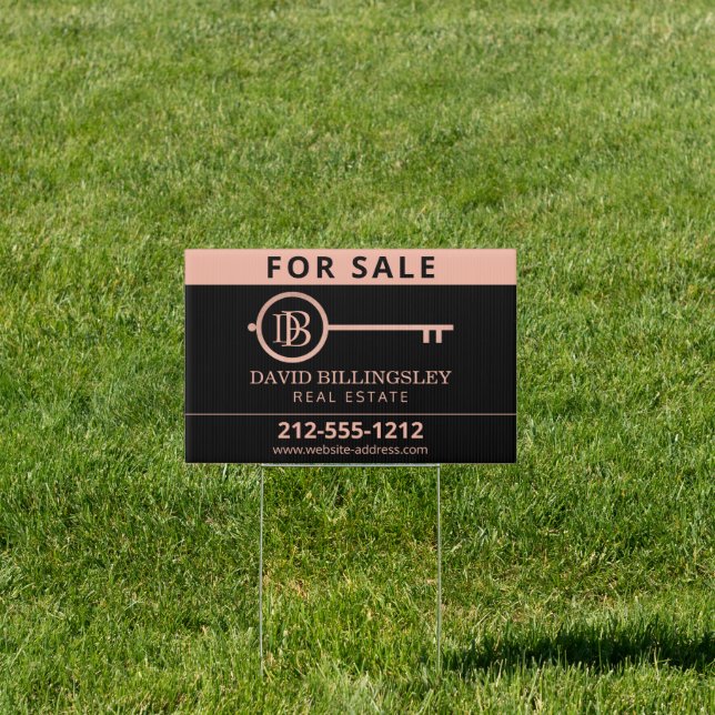Luxe Rose Gold Skeleton Key Monogram Realtor Sign (Insitu)