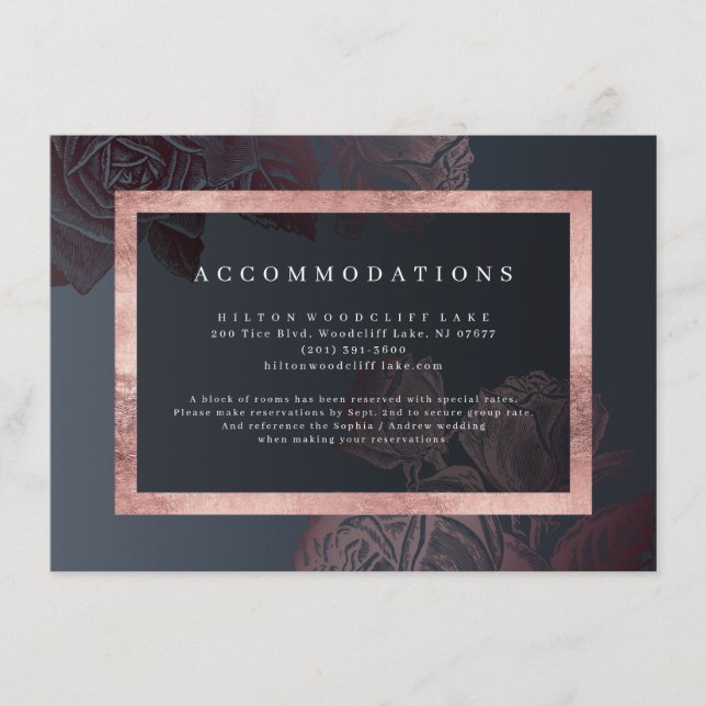 Luxe rose gold vintage botanical accommodations enclosure card (Front)