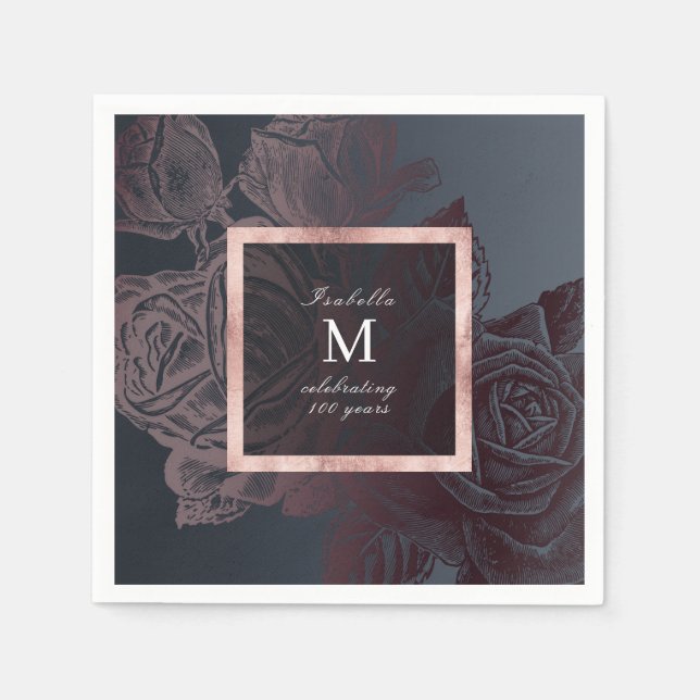 Luxe rose gold vintage botanical bridal shower napkins (Front)