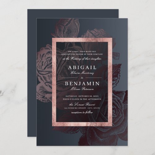 Luxe rose gold vintage botanical floral wedding invitation