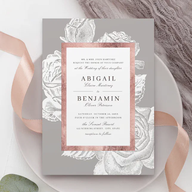 Luxe rose gold vintage botanical floral wedding invitation | Zazzle