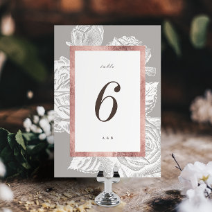Luxe rose gold vintage botanical floral wedding table number