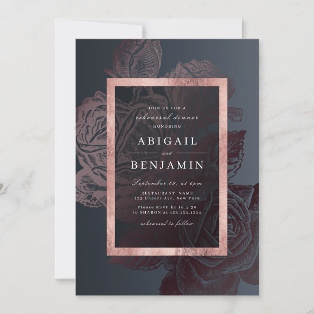 Luxe rose gold vintage botanical rehearsal dinner invitation (Front)