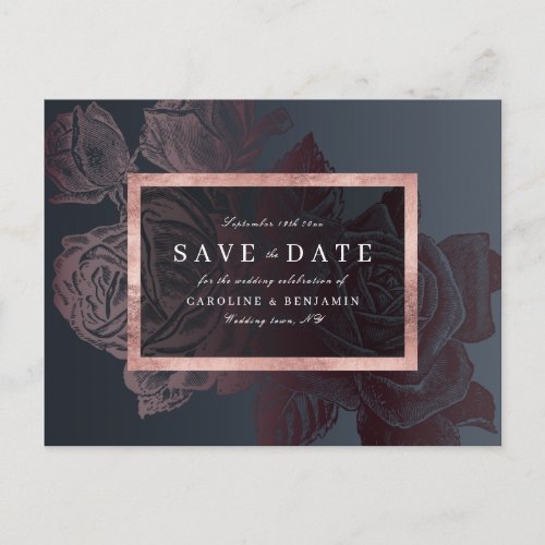 Luxe rose gold vintage botanical save the date announcement postcard