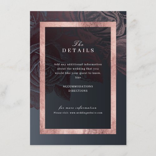 Luxe rose gold vintage botanical wedding details enclosure card