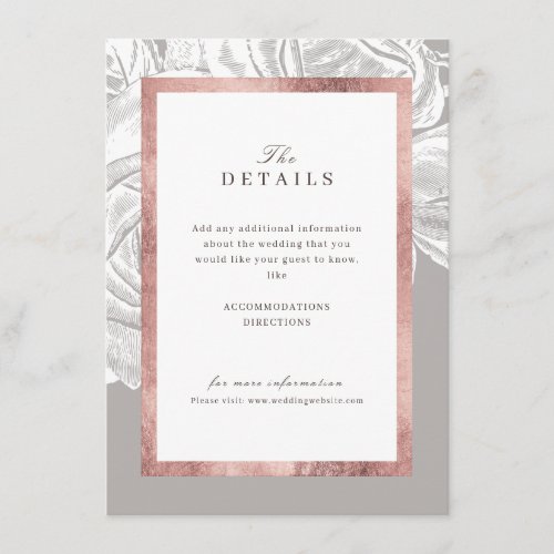 Luxe rose gold vintage botanical wedding details enclosure card
