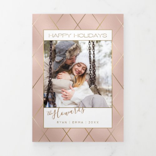 Luxe Rose Gold wSleek Diagonal Gold Lines Photo Tri_Fold Holiday Card