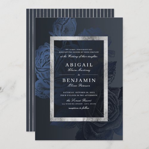 Luxe rose navy silver vintage botanical wedding invitation