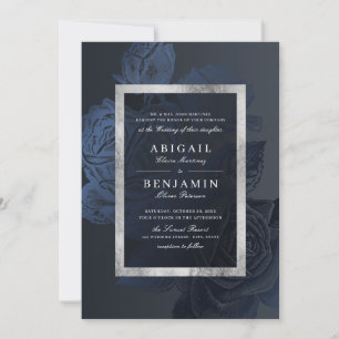 Luxe rose navy silver vintage botanical wedding invitation