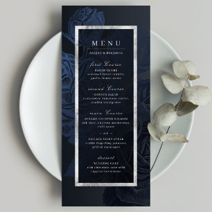 Luxe rose navy silver vintage botanical wedding menu