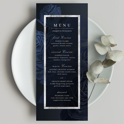 Luxe rose navy silver vintage botanical wedding menu