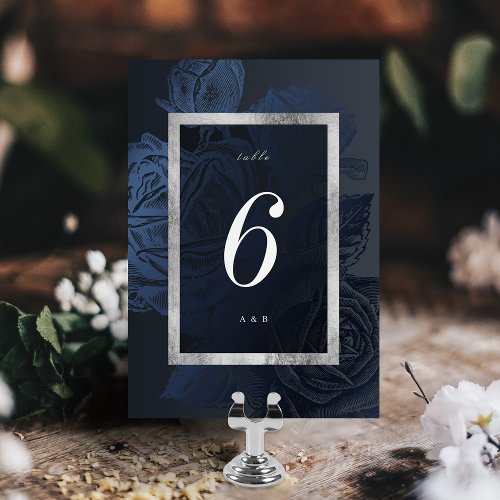 Luxe rose navy silver vintage botanical wedding table number