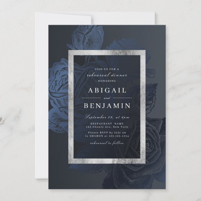 Luxe rose navy vintage botanical rehearsal dinner invitation (Front)