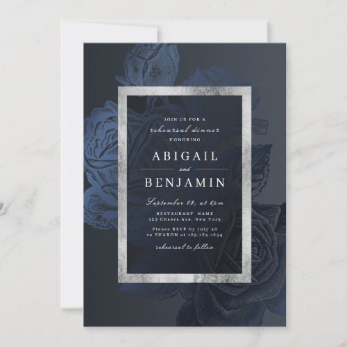 Luxe rose navy vintage botanical rehearsal dinner invitation