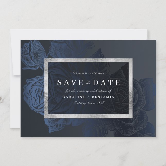 Luxe rose navy vintage botanical save the date (Front)
