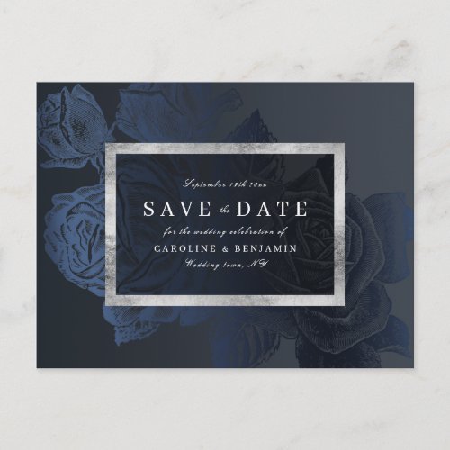 Luxe rose navy vintage botanical save the date announcement postcard