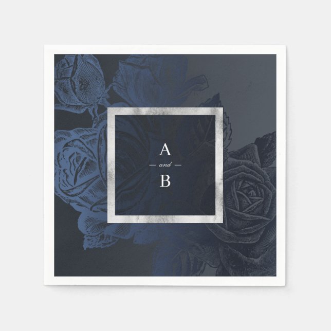Luxe rose navy vintage botanical wedding monogram napkins (Front)