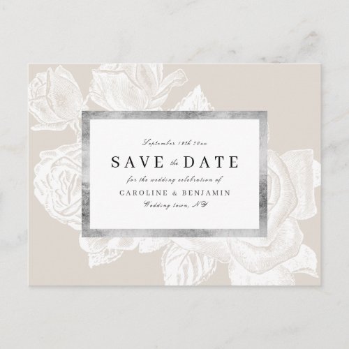 Luxe rose neutral vintage botanical save the date announcement postcard
