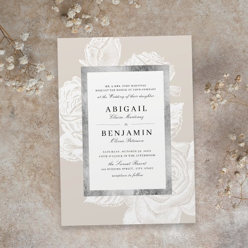 Luxe rose silver neutral vintage botanical wedding invitation