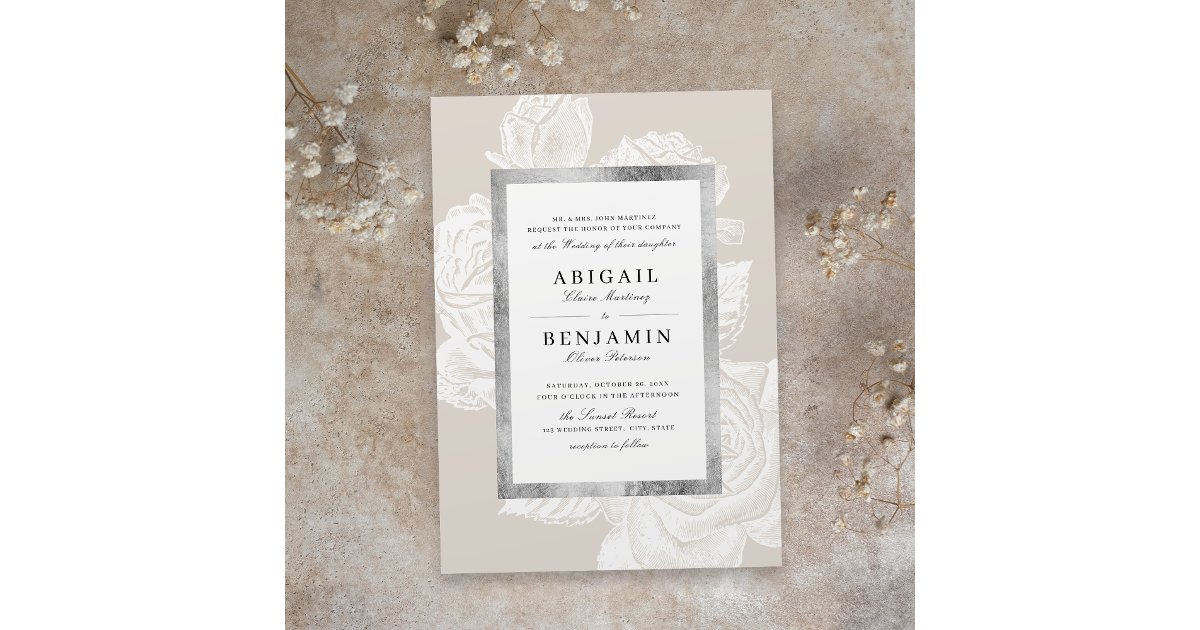 Luxe rose silver neutral vintage botanical wedding invitation | Zazzle