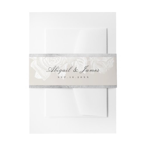 Luxe rose silver neutral vintage botanical wedding invitation belly band
