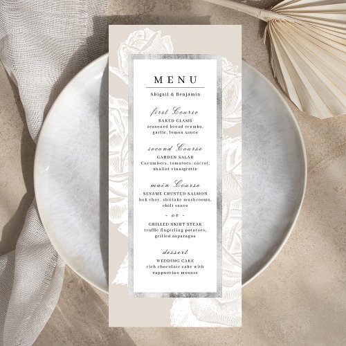 Luxe rose silver neutral vintage botanical wedding menu