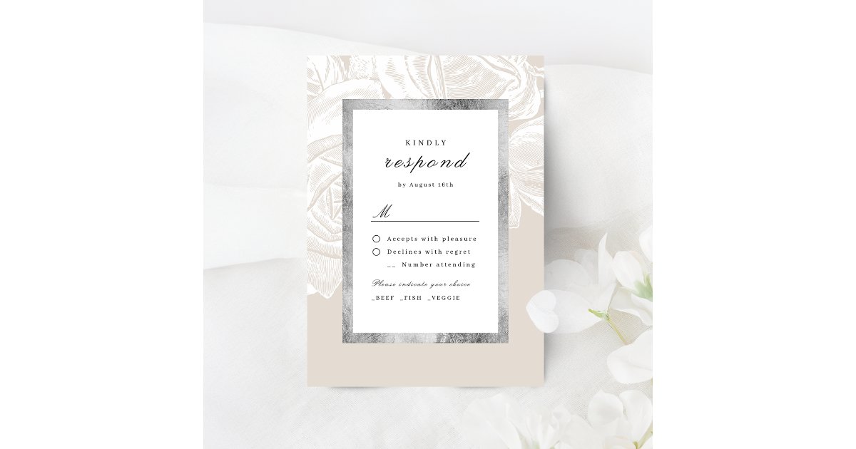 Luxe rose silver neutral vintage botanical wedding RSVP card | Zazzle