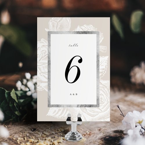 Luxe rose silver neutral vintage botanical wedding table number
