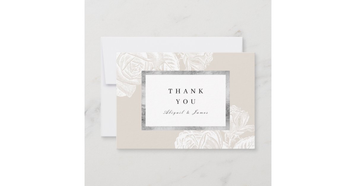 Luxe rose silver neutral vintage botanical wedding thank you card | Zazzle