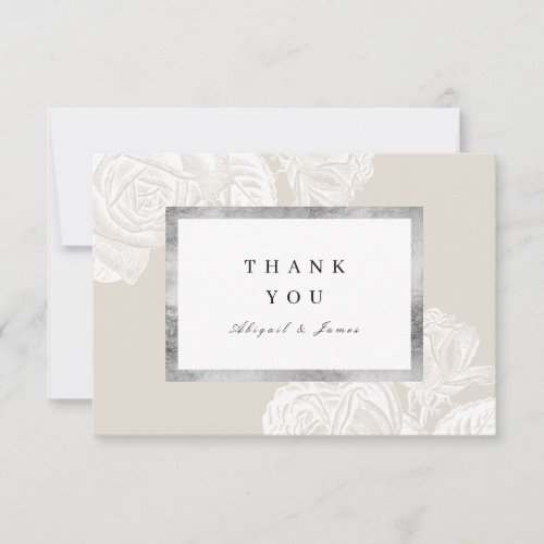 Luxe rose silver neutral vintage botanical wedding thank you card