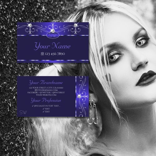 Luxe Royal Blue Squiggles Sparkle Jewels Initials Business Card