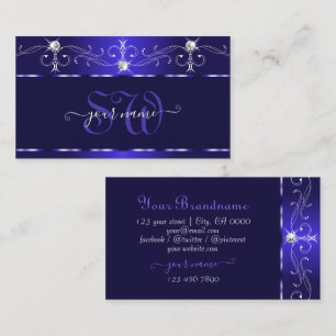 Luxe Royal Blue Squiggles Sparkle Jewels Monogram Business Card