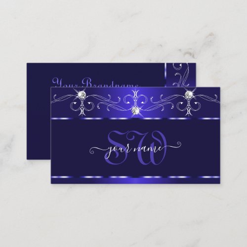Luxe Royal Blue Squiggles Sparkle Jewels Monogram Business Card