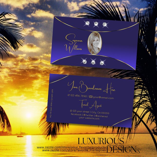 Luxe Royal Blue with Gold Decor Diamonds and Photo Business Card (Creator Uploaded)