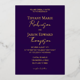 Luxe Royal Purple and Gold Elegance Wedding Foil Invitation