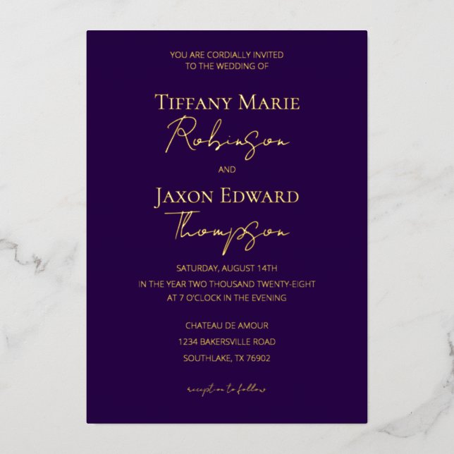 Luxe Royal Purple and Gold Elegance Wedding Foil Invitation (Front)