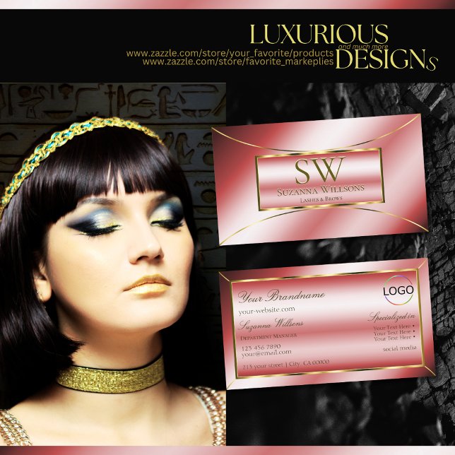 Luxe Ruby Red Gold Decor with Monogram and Logo Business Card (Creator Uploaded)
