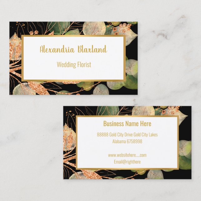 LUXE SAGE GREEN EUCALYPTUS GOLD BLACK  BUSINESS CARD (Front/Back)