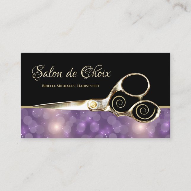 Luxe Salon Purple Bokeh Gold Hairstylist Scissors Business Card (Front)