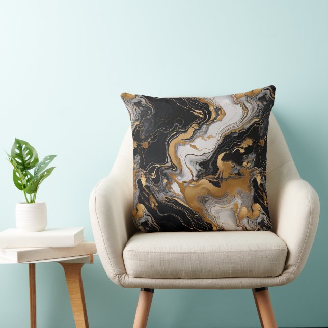 Luxe Serenity Black, Gold & White Marble-Inspired  Throw Pillow (Chair)
