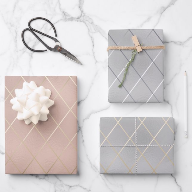 Luxe Silver and Rose Gold w/Sleek Diagonal Lines Wrapping Paper Sheets (Front)