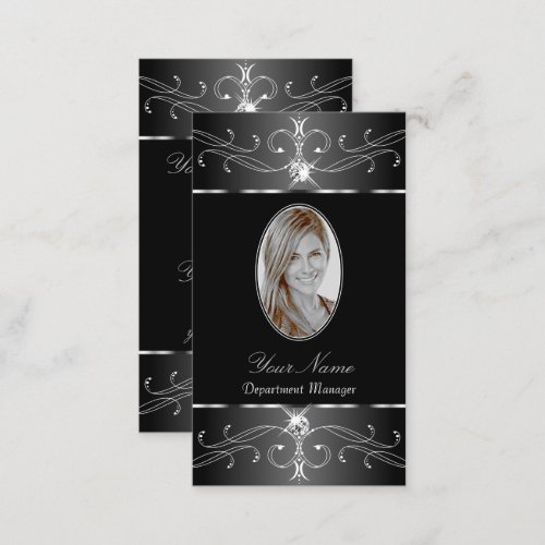 Luxe Silver Black White Ornate Ornaments Add Photo Business Card