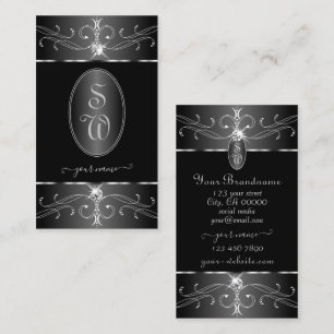 Luxe Silver Black White Ornate Ornaments Initials Business Card