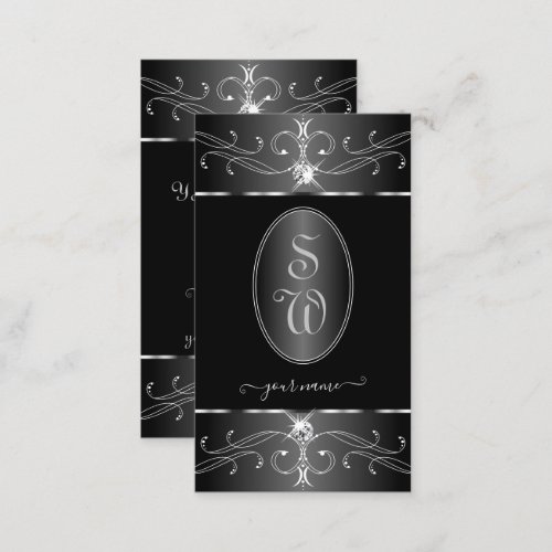 Luxe Silver Black White Ornate Ornaments Initials  Business Card