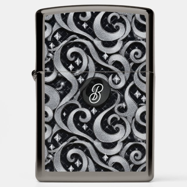Luxe Silver Faux Glitter Glam Bling Metal Monogram Zippo Lighter (Front)