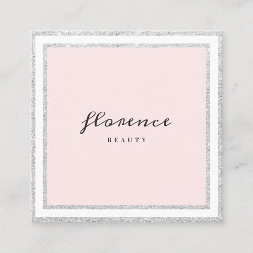 Luxe silver glitter frame blush pink and white square business card