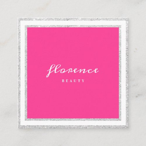 Luxe silver glitter frame bright pink and white square business card